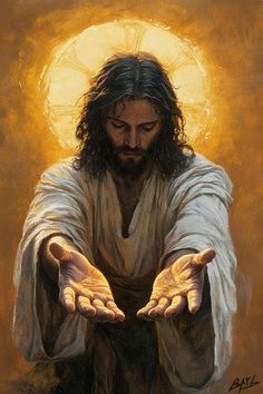 a painting of jesus holding his hands together