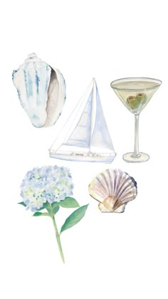 watercolor painting of seashells, flowers and wineglasses on a white background