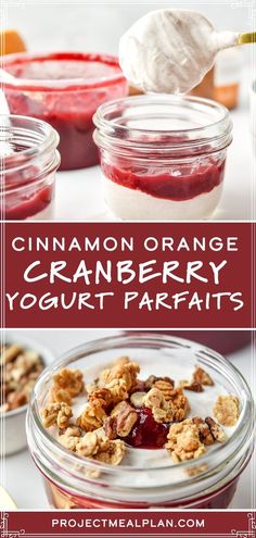 orange cranberry yogurt parfait recipe in mason jars with text overlay