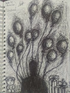 a drawing of a tree with lots of balls in the air and people around it