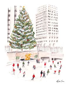 a painting of people skating around a christmas tree in the middle of a city street