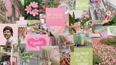 a collage of pink and green images with flowers, plants, and pictures on them