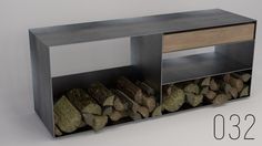 there is a metal shelf with logs in it