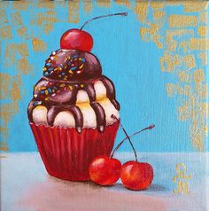 a painting of a cupcake and cherries on a blue background