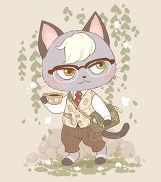 a cat with glasses and a backpack holding a coffee cup in its paws, standing next to a tree