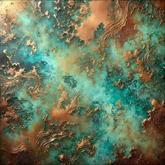 an abstract painting with gold and turquoise colors