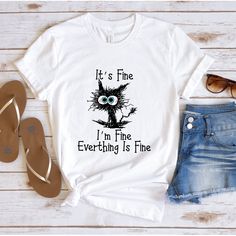 It's Fine I'm Fine Everything Is Fine Shirt, I'm Fine Tee Shirt, Cat Shirt, Motivational Shirt, Positivity Shirt, Introvert, Mental T-shirt How to Order?  1-Choose your t-shirt color, 2- Choose your size, 3- Select the quantity, 4- Click Add to Cart.  Production and shipping: * 100% airlume combed and ring-spun cotton, 32 singles 4.2 oz. * Solid colors are %100 cotton * Heathers are %52 cotton %48 polyester * Athletic Heather is combed and ring-spun cotton, 10% polyester * Seamless collar * Heat Positive Shirt, I'm Fine, Everything Is Fine, Cat Shirt, Cat Shirts, Graphic Tees Women, Color 2, Houston Tx, Shirt Color