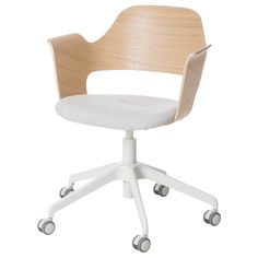 an office chair with wheels and a seat cushion on the back, in white upholstered fabric