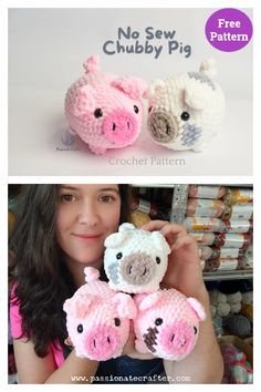 two crocheted pigs are shown with the text, no sew chubby pig