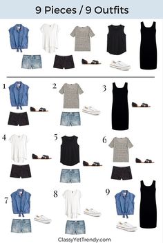 9 Pieces 9 Outfits, Outfits Minimalist, Travel Capsule Wardrobe, Wardrobe Planning, Summer Capsule Wardrobe