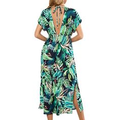 Green Printed Bat Sleeve V Neck Long Dress Green Tropical Print Summer Midi Dress, Summer V-neck Dress With Leaf Print, Casual Green Maxi Dress With Tropical Print, V-neck Leaf Print Dress For Beach, V-neck Leaf Print Beach Dress, V-neck Leaf Print Dress For The Beach, Green Tropical Print Midi Dress For Beach, Green Tropical Print Midi Dress For Vacation, Green V-neck Midi Dress For The Beach