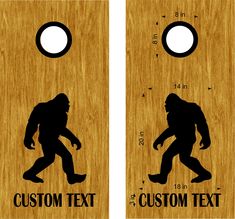 two wooden door hangers with an image of a bigfoot and the text, custom text