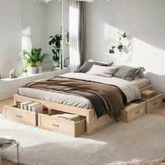 Product Dimensions Assembled Length (in.):81.90 Assembled Width (in.):62.40 Assembled Height (in.):15.90 Weight (lbs.):130.69 Product Features Spacious Storage: Say goodbye to cluttered bedrooms! Oak Bed With Drawers, Queen Bed With Under Storage, King Size Platform Bed With Storage, Bedframes With Storage, Full Size Bed With Storage, Modern Storage Bed, King Size Bed Frames, Bed Frames Ideas, Modern Storage Beds