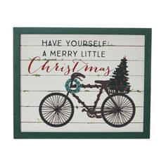 a wooden sign with a bicycle and christmas tree on it that says have yourself a merry little christmas