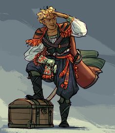 a drawing of a man in costume with wings on his head, holding a suitcase