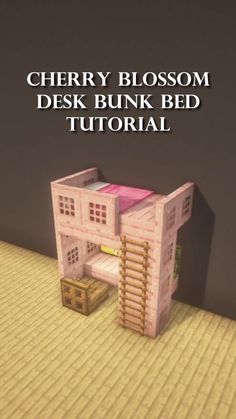 a small pink doll house with stairs to the upper floor, and text reading cherry blossom desk bunk bed