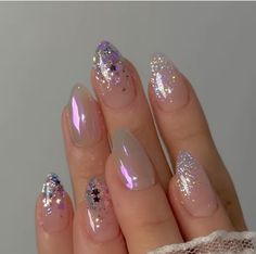 Fairy Godmother Nails, Dried Flowers Nails Design, Simple Glitter Nail Designs, Glitter And Chrome Nails, Sparkly Nail Ideas, Pink Glittery Nails, Sparkly Pink Nails, Glitzy Nails, Shiny Nails Designs