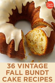 a cake with white icing on it and the words, vintage fall bundt cake recipes