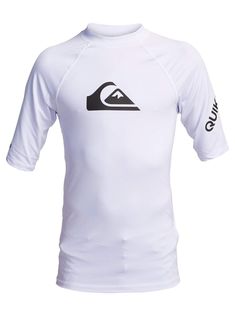 a white shirt that has a black and white wave on the chest, with an image of a surfboard