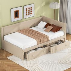 Twin Size Wood Daybed With 2 Drawers And Guardrail Bed With Storage Underneath, Daybed Frame, Daybed With Drawers, Daybed With Storage, Bed With Storage