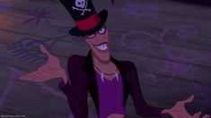 a cartoon character wearing a top hat and holding his hands out in front of him