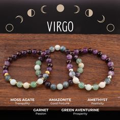 This hand crafted bracelet comes in a variety of three styles. Gold, Silver, and Metal Free. Though the Virgo sign has many crystals associated with it, the stones featured on this bracelet are as follows Garnet Amethyst Moss Agate Amazonite Green Aventurine ~With every stone comes it's own perfect imperfection. The pictures you see may not reflect exactly the product you receive~ Spiritual Beaded Birthstone Bracelets, Adjustable Symbolic Gemstone Bracelet, Adjustable Symbolic Gemstone Bracelets, Symbolic Round Gemstone Beads Bracelet, Spiritual Beaded Bracelets With May Birthstone, Symbolic Round Gemstone Beads Jewelry, Symbolic Gemstone Beads Jewelry, Spiritual Hand-strung May Birthstone Jewelry, Hand-strung May Birthstone Spiritual Jewelry