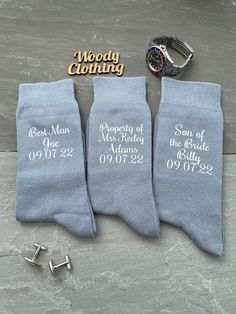 Grooms socks Great little gift from the groomsmen at your wedding have the roles of each one added to the sock usher, bestman, father of the bride  Light Grey socks approx size UK 6-12 / EUR 38-46 / USA 6.5-13 Dark Grey socks also available, please see my other listings. We have a wide range of colour wording for you to choice from  Please pick the wording and the roles for each socks from the drop this add each one to your basket and it will total it all up for you.  There is no return these so Bride Socks, Groom Socks, Man Socks, Groomsmen Socks, Grey Socks, Mens Dress Socks, Groom Gift, Novelty Socks, Mens Dress