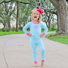 Your little one will be warm and comfortable sleeping in our The Stripe is Right Turquoise Pajamas. Features a turquoise stripe print and pink ribbing. Make these pajamas extra cute by adding a monogram! Designed to be snug-fitting. Please check the Size Chart for measurements and order accordingly. Cute Blue Home Sleepwear, Cute Light Blue Sleepwear For Sleepover, Playful Light Blue Sleepwear For Pajama Party, Cute Blue Onesie For Sleepover, Striped Pyjamas, Pink Bunny, Yellow Stripes, Pajama Top, Long Sleeve Pyjamas