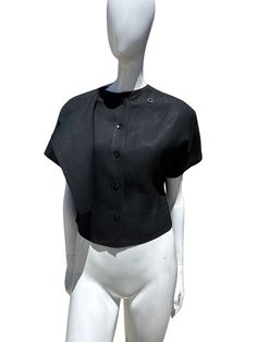 "Excellent condition, dry cleaned  30% linen, 70% viscose  size 40 on the tag a M  buttons are on the front, but it has like a cape that goes over them and covers most of them  Measures: 18\" from one end of the shoulder pad to the other, no shoulder seams shoulder to shoulder seam  19\" across the chest 17\" across the waist  20\" long" Fitted Tops With Cape Sleeves, Formal Short Sleeve Linen Top, Fitted Cropped Linen Blouse, Elegant Cape Top For Spring, Elegant Spring Cape Top, Elegant Cropped Linen Blouse, Chic Linen Tops For Formal Occasions, Cropped Linen Workwear Tops, Modern Fitted Cropped Blouse