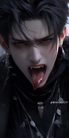 an evil looking man with his mouth open and blood dripping from his tongue is shown in this image