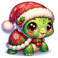 a cartoon turtle wearing a santa hat and holding an ornament on its back