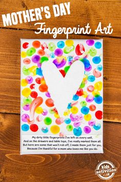 a mother's day card with the words, fingerprint art and an image of a