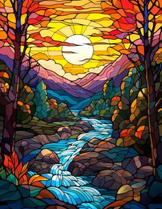 a stained glass window with a river running through it