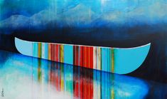 an abstract painting with blue, red, and green stripes on the bottom half of a boat