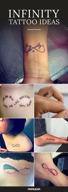 many different tattoos on the back of someone's neck and foot, with words written in