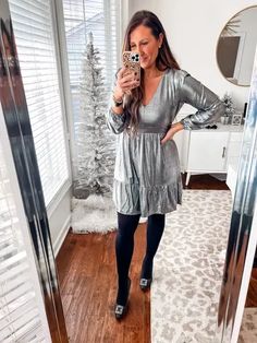 Metallic shine dress NYE looks New years outfit for women. Shine Dress, New Years Outfit, New Years Eve Dresses, Eve Dresses, V Neck Dress