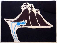 a black and white drawing of a mountain with blue water coming out of the top