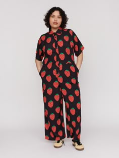 collection-curve, collection-women-jumpsuits Casual Clown Outfit, Strawberry Jumpsuit, Eclectic Summer Outfits, Funky Style Outfits, Midsize Grunge, Creative Style Outfits, Strawberry Clothes, Disturbia Clothing, Strawberry Clothing