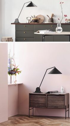 two different views of the same room, one with pink walls and one with grey furniture