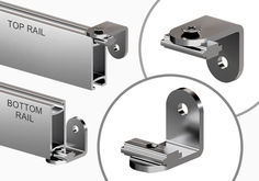 three different types of metal brackets with the names top rail bottom rail and bottom rail