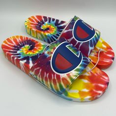 New With Box - Men’s Champions Ipo Tie Dye Slides Flip Flops Multicolor Non-slip Slip-on Slides, Casual Multicolor Slide Flip Flops, Multicolor Non-slip Slides, Casual Multicolor Slip-on Flip Flops, Multicolor Slides With Cushioned Footbed, Multicolor Cushioned Slides, Multicolor Cushioned Slide Sandals, Multicolor Cushioned Slip-on Slides, Casual Purple Synthetic Slides