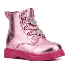 Let your little one step out in style with the Space Case combat boots! These adorable boots feature glitter heart details that add a playful sparkle to their rugged design. Crafted for durability and comfort, they are perfect for adventurous toddlers. Easy to wear and versatile, the Space Case boots will make every outing feel special and fun. Glitter Boots With Round Toe, Pink Glitter Boots With Round Toe, Trendy Pink Glitter Boots, Toddler Girl Boots, Rugged Design, Olivia Miller, Closed Toe Shoes, Faux Leather Heels, Glitter Hearts