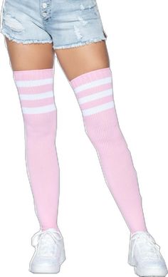 Thigh High Tube Socks, Striped Tube Socks, Pink Bodysuit, Tube Socks, Thigh High, Thigh Highs, Pink And White, Light Pink, Stripes