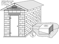 the diagram shows how to build a brick house with an attached concrete wall and door