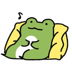 a green frog sleeping on top of a yellow and white pillow with its eyes closed