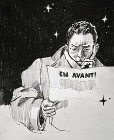 a black and white drawing of a man holding a sign that says en avant