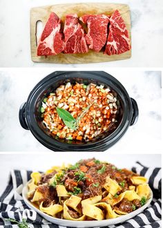 four different types of food are shown in this collage, including meat and pasta