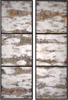 an abstract painting with brown and white colors on the side of two panels, each paneled in different sizes