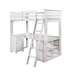 a white loft bed with desk underneath it and ladder to the top, on a white background