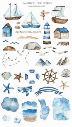 watercolor illustrations of boats, lighthouses and other things